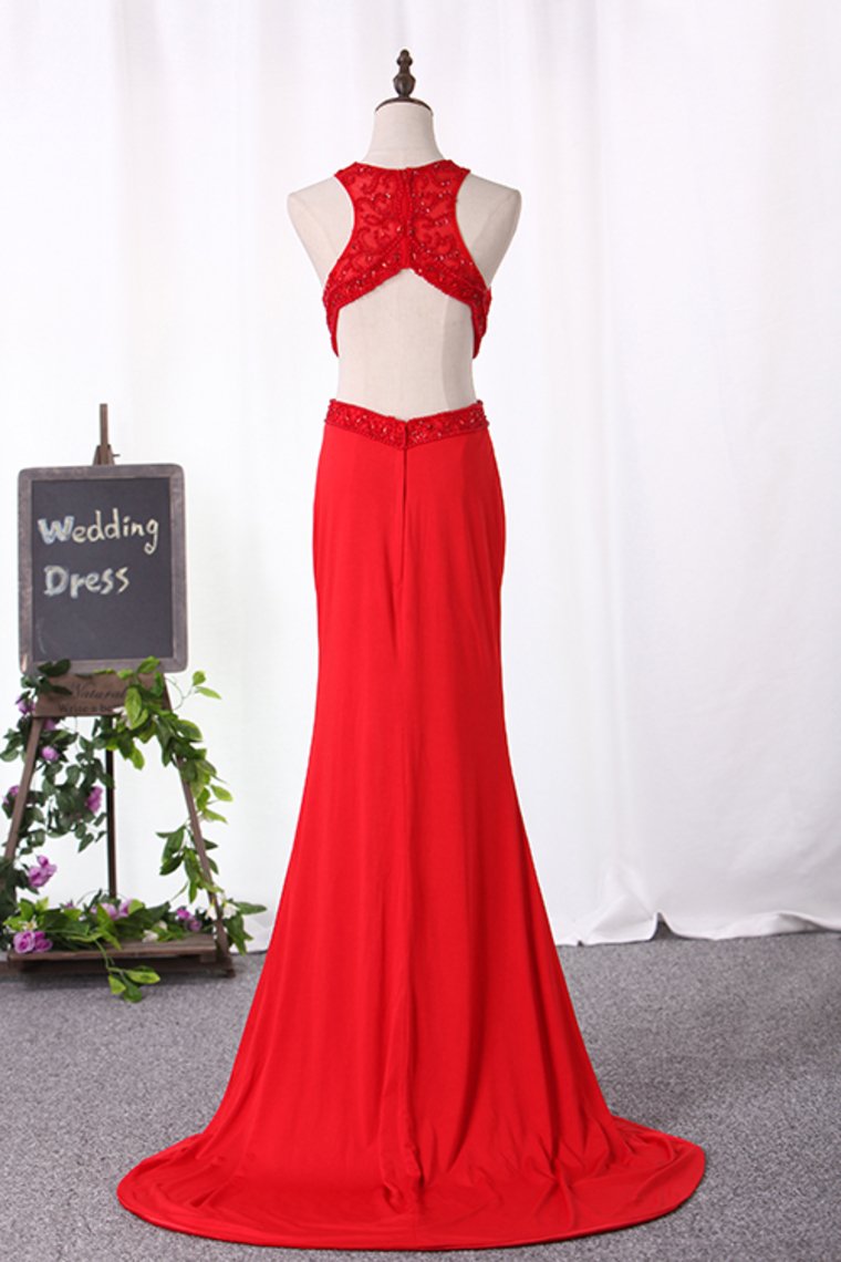 2024 Sexy Open Back Scoop Mermaid Prom Dresses Spandex With Embroidery And Slit