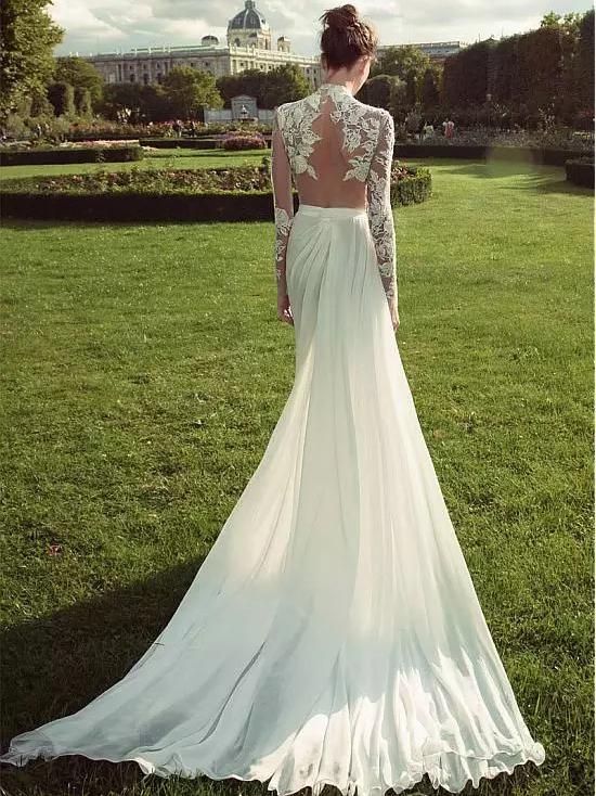 Gorgeous High Neck Long Sleeve Lace Top Side Slit Ivory Chiffon Wedding Dress