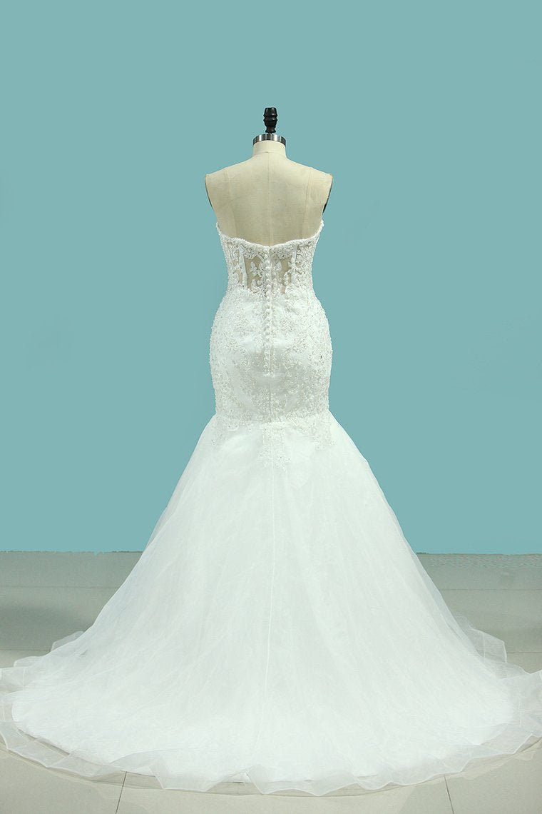 Sweetheart Wedding Dresses Mermaid Organza With Applique And Beads