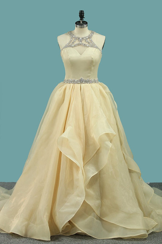 2024 Organza A Line Scoop Wedding Dresses With Beading Court Train