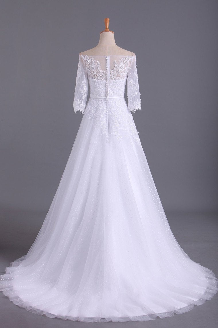 2024 Shiny Wedding Dresses Bateau Half Length Sleeve A Line With Applique