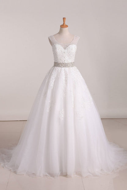 2024 Organza Scoop A Line With Applique And Beads Court Train Wedding Dresses