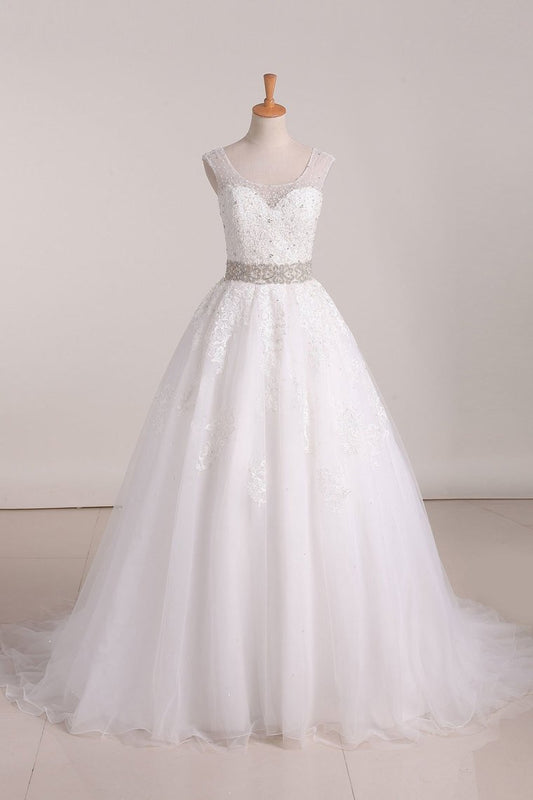 2024 Organza Scoop A Line With Applique And Beads Court Train Wedding Dresses