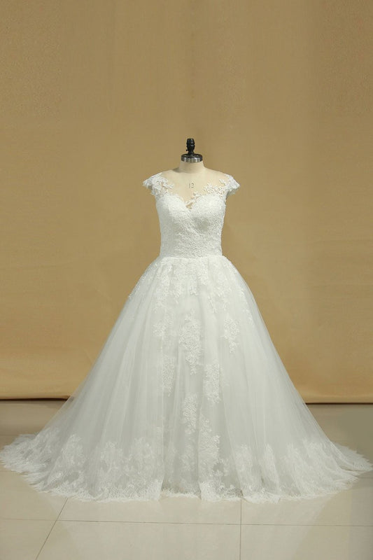 2024 Scoop Wedding Dresses Tulle With Applique Court Train A Line