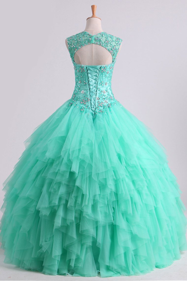 Mint Sweetheart Floor Length Beaded Bodice Quinceanera Dresses Tulle Ball Gown