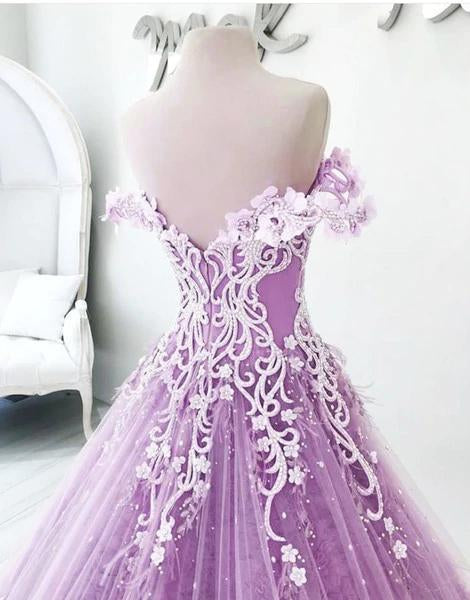 Ball Gown Off the Shoulder V Neck Tulle Lavender Beads Prom Dresses, Quinceanera Dresses SRS15562