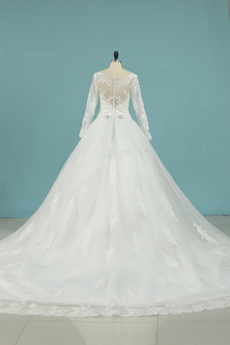 2024 Scoop Wedding Dresses A Line Long Sleeves Tulle Court Train