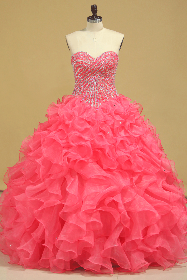 Beautiful Quinceanera Beaded Bodice Sweetheart Floor Length Ruffle Skirt Orange