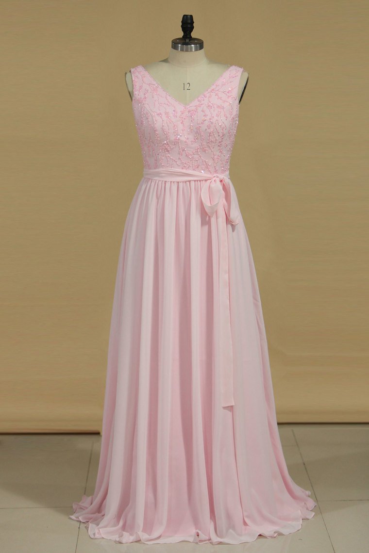 A Line Bridesmaid Dresses V Neck Beaded Bodice Chiffon Floor Length