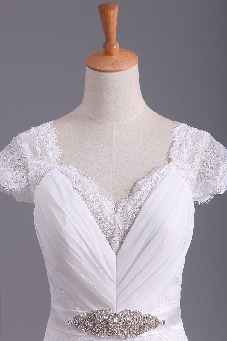 Wedding Dresses V Neck Chiffon & Lace Short Sleeves Sweep Train