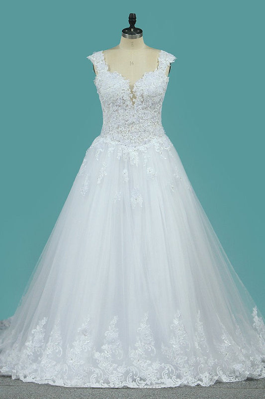 Wedding Dresses Off The Shoulder Tulle With Applique A Line Sweep Train