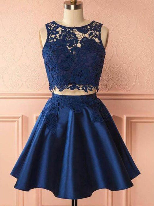 2 Pieces Homecoming Dresses Navy Blue Satin Two Pieces Lace Party London Dress