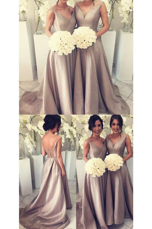 2024 V Neck Bridesmaid Dresses A Line Satin Sweep Train Zipper Up