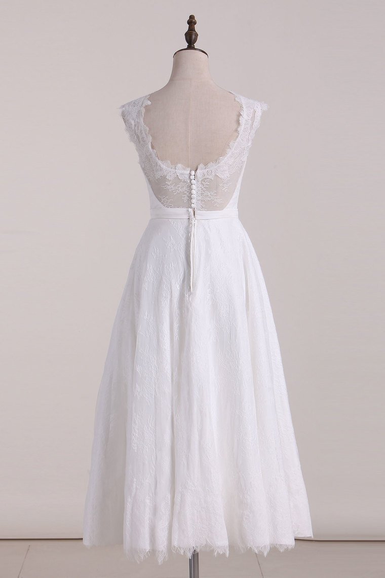 A Line Wedding Dresses Scoop Lace With Sash Tea-Length