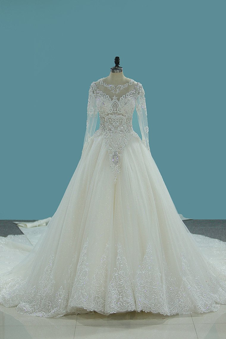 2024 Gorgeous Wedding Dresses Scoop Tulle With Beadings Zipper Back Royal Train