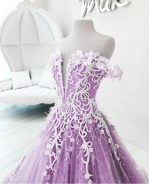 Ball Gown Off the Shoulder V Neck Tulle Lavender Beads Prom Dresses, Quinceanera Dresses SRS15562