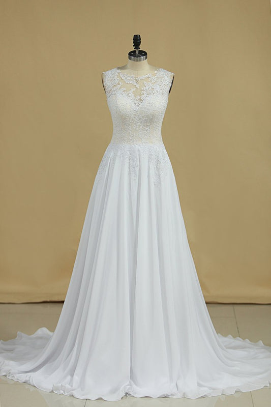 2024 Open Back Scoop Wedding Dresses 30D Chiffon With Applique A Line