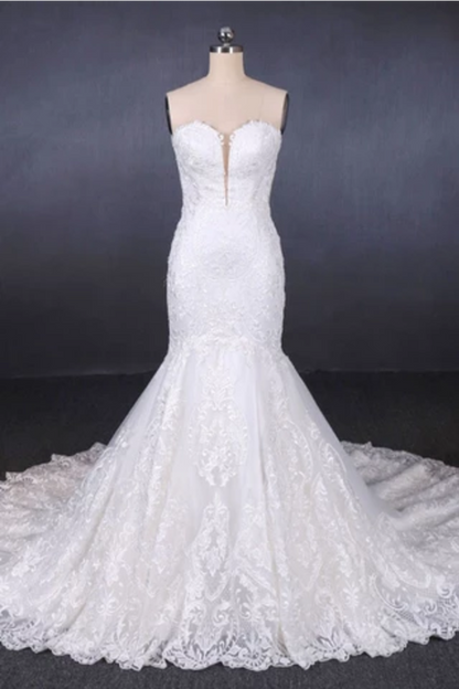 Mermaid Sweetheart Long Lace Bridal Dresses, Strapless Mermaid Wedding Dress