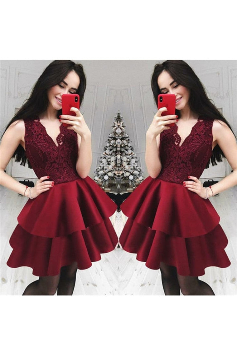 Lace&Satin Short Homecoming Dress V Neck Zipper SJSP54P677Y