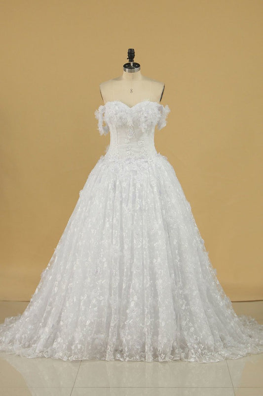 Tulle Off The Shoulder A Line Wedding Dresses With Applique Sweep Train