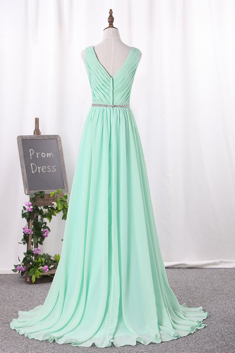 V Neck A Line Ruched Bodice Beaded Waistline Chiffon Bridesmaid Dresses Sweep Train