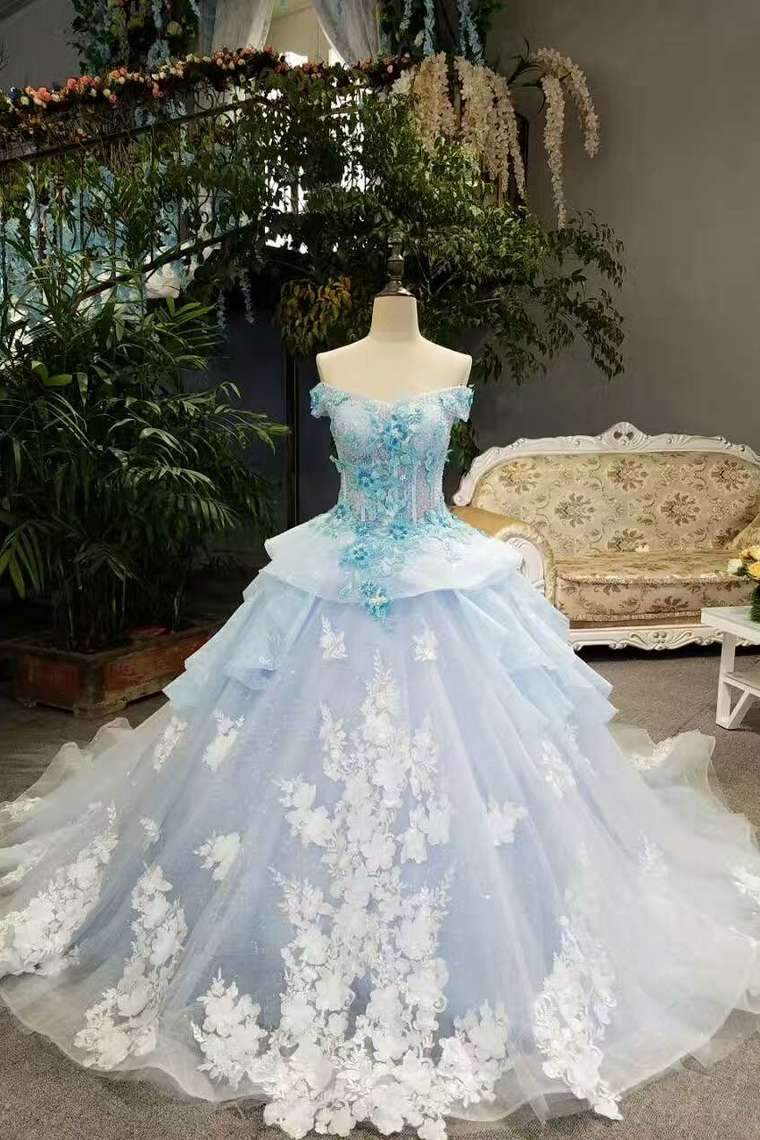 Sky Blue Floral Wedding Dress Shiny Tulle Lace Off The Shoulder Lace Up With Beads Handmade Flowers