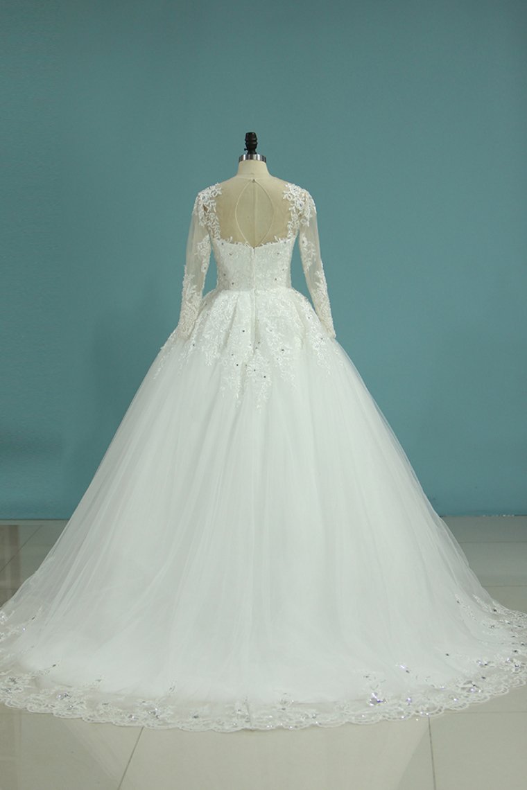 Wedding Dresses Scoop Long Sleeves A Line Tulle With Applique And Beads