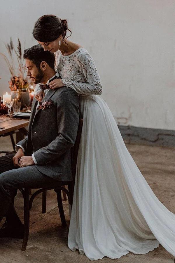 Elegant Long Sleeves Two Pieces Chiffon Wedding Dresses with Lace, Backless Bridal Dresses SRS15514