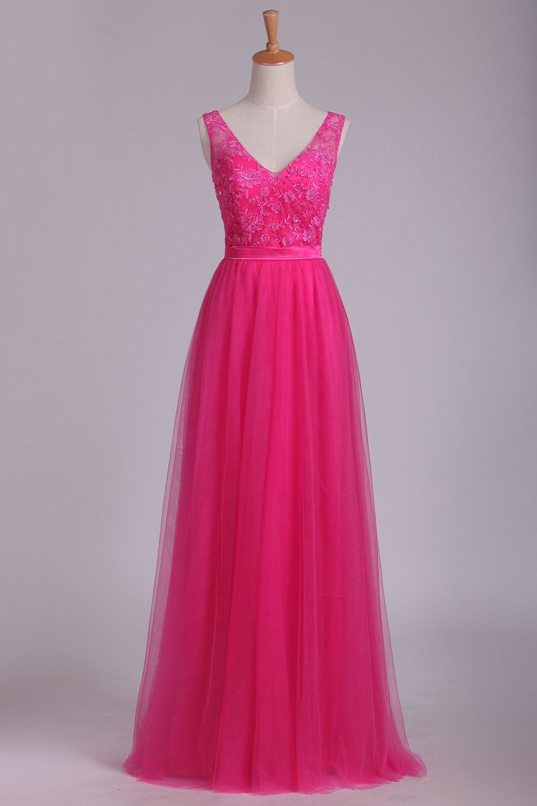 2024 Bridesmaid Dresses V Neck A Line With Embroidery And Sash Tulle