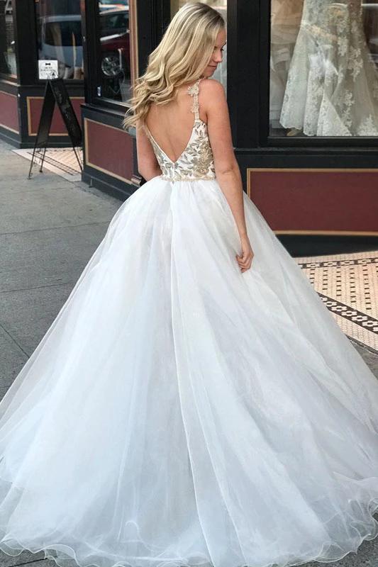 Sheath Spaghetti Straps White Detachable Train Prom Dress with Appliques, Quinceanera Dresses SJS15373