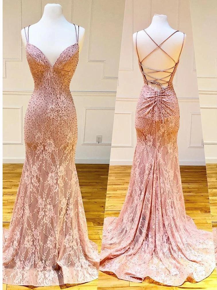 Mermaid Spaghetti Straps Pink Lace V Neck Beads Prom Dresses with SRS15654