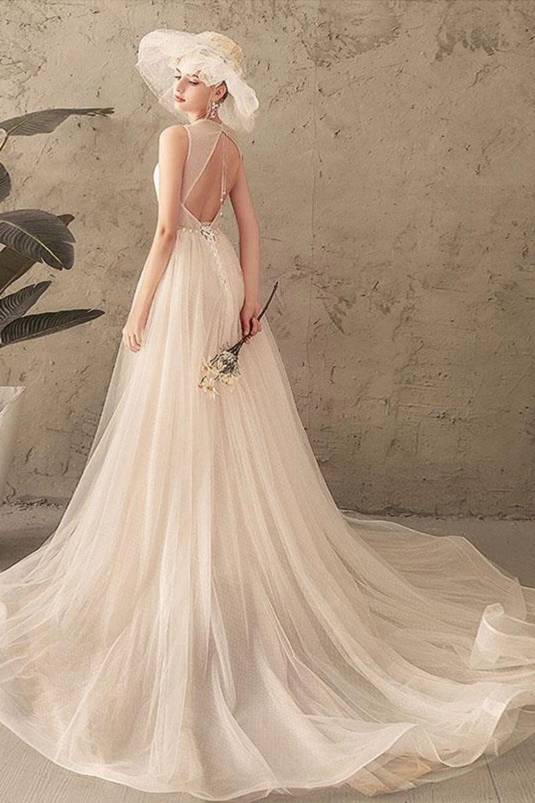 Ivory Jewel Sleeveless Tulle Wedding Dress With Lace A Line Pleats Open Back Bridal SRSPXNMNP57