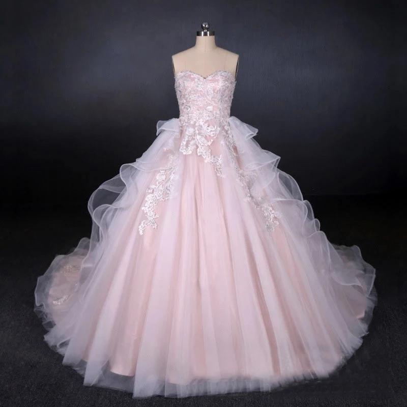 Ball Gown Strapless Sweetheart Wedding Dresses with Lace Applique, Tulle Prom Dresses SRS15070