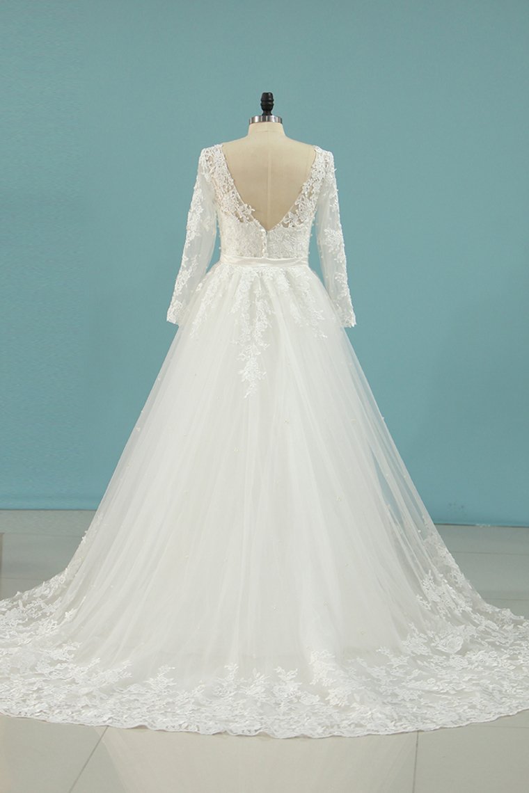 Wedding Dresses V Neck Sheath With Applique Long Sleeves Detachable Train