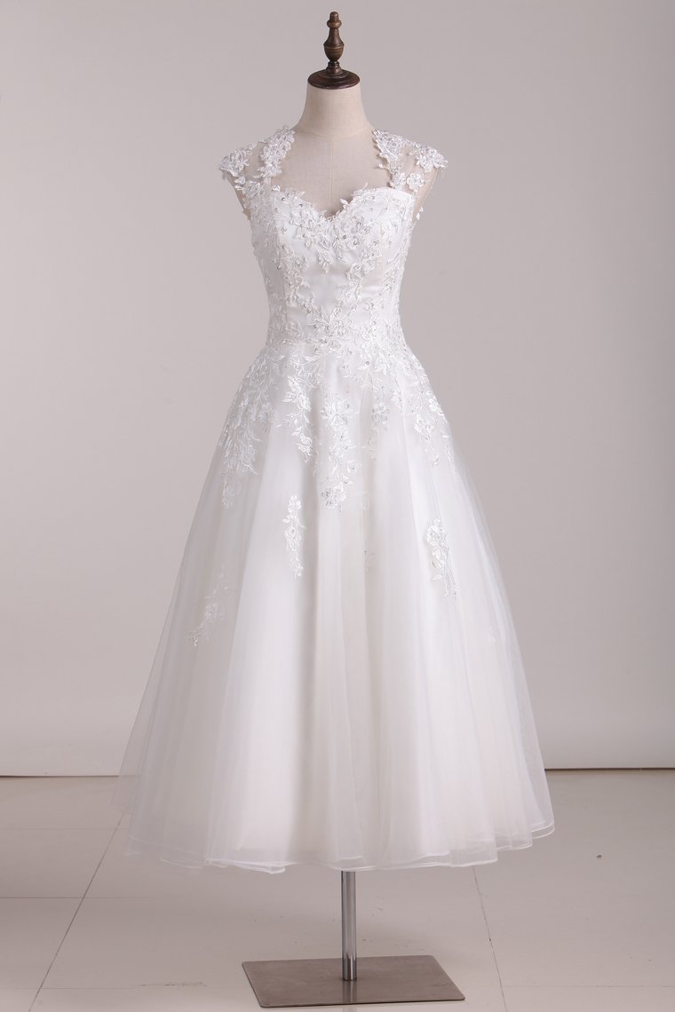 2024 New Arrival Square A Line Wedding Dresses With Applique Tulle Tea Length