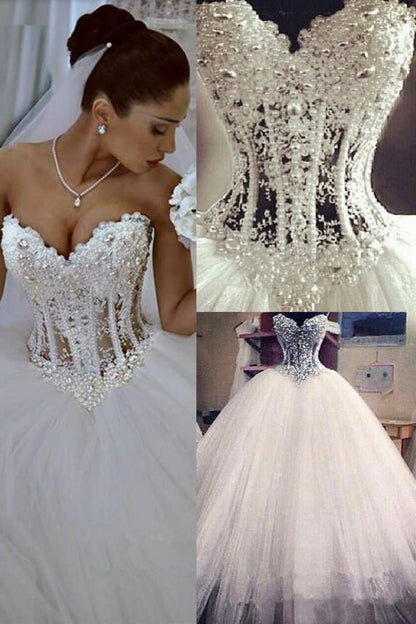 2024 Gorgeous Wedding Dresses A-Line Sweetheart See Through Floor-Length Tulle With Pearls Lace Up