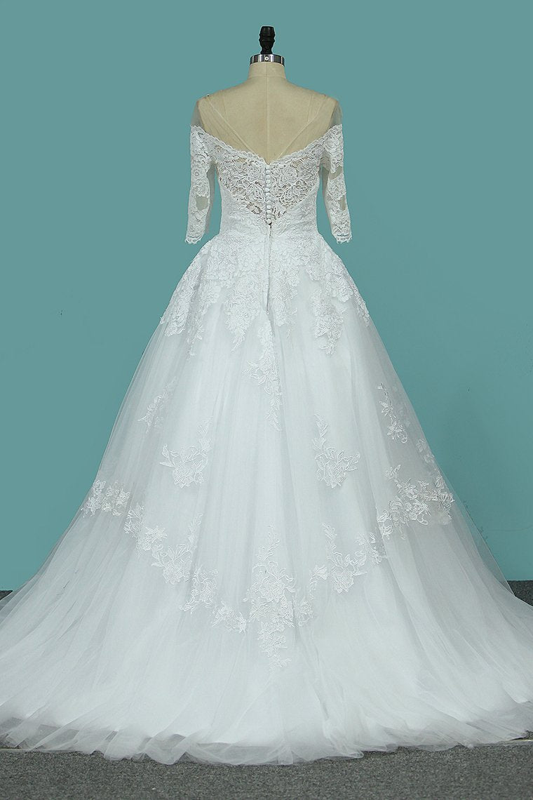 Wedding Dresses A Line Mid-Length Sleeves Tulle With Applique