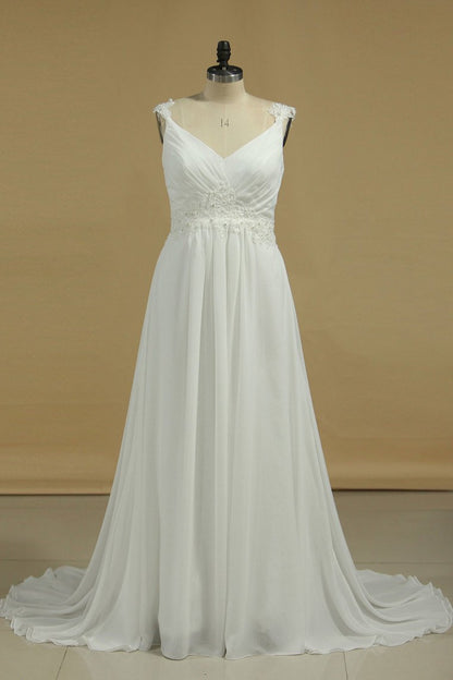 2024 Chiffon Straps A Line Wedding Dresses With Applique And Beads Lace Up