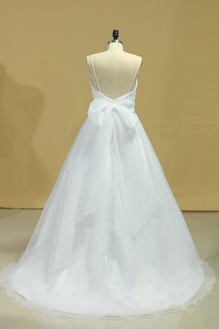 Wedding Dresses A-Line Spaghetti Straps Court Train Organza With Removable Sash Zipper Back Plus Size