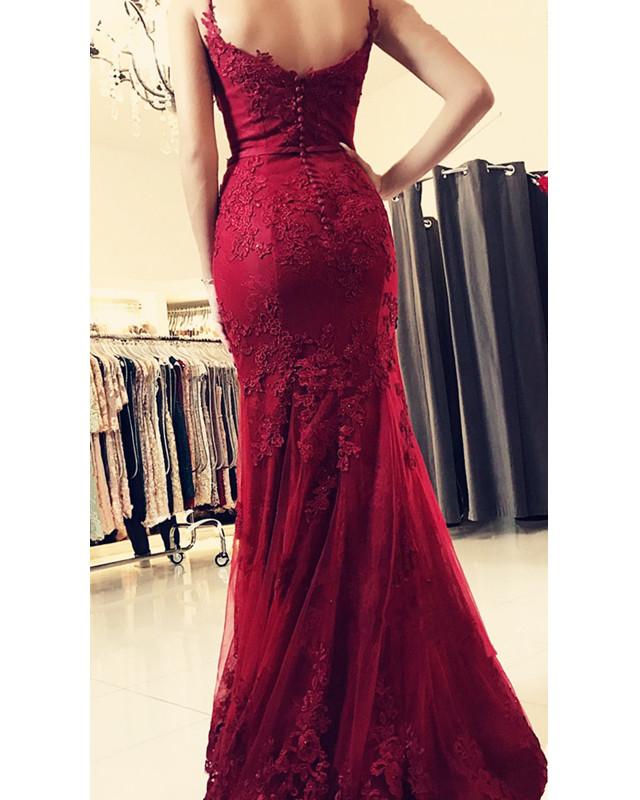 Spaghetti Straps Lace Embroidery Sweetheart Tulle Mermaid Prom Dresses