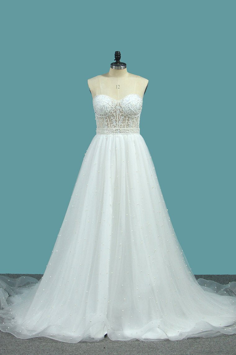 Sweetheart Wedding Dresses A Line Tulle With Beads Sweep Train