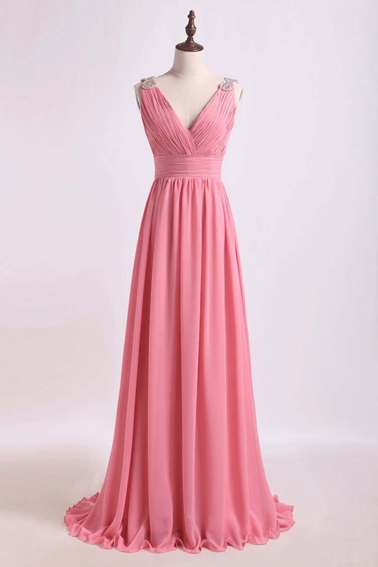 V Neck A Line Chiffon Bridesmaid Dress With Beads Floor Length