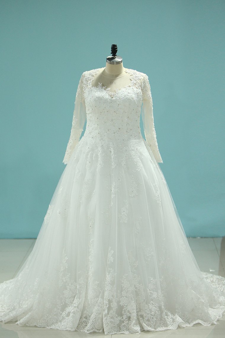 Tulle V Neck Long Sleeves Wedding Dresses A Line With Applique