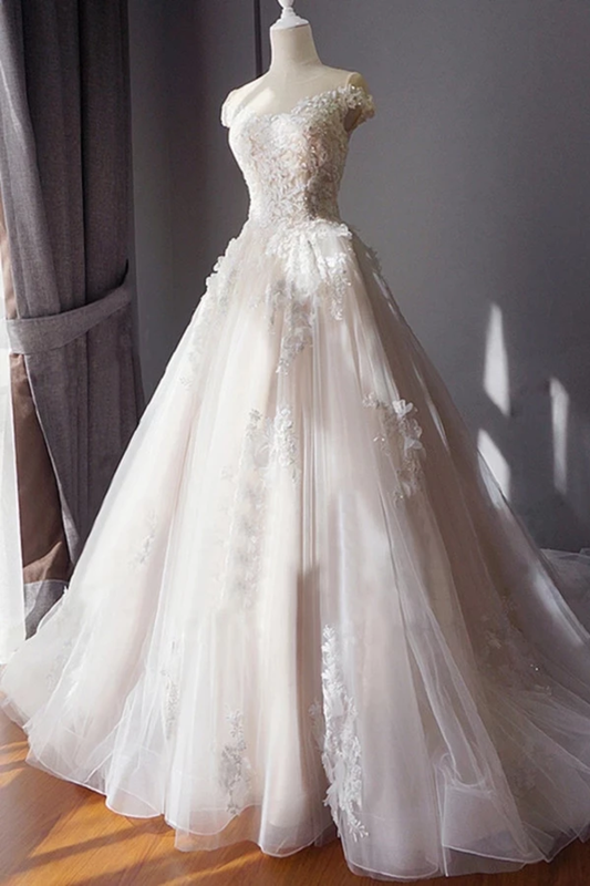 Stunning Off The Shoulder Tulle Wedding Dress With Applique Bridal Dress With Long SRSPAE18RA2