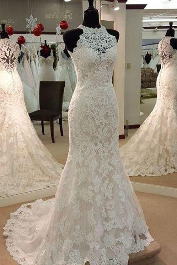 Sexy Halter Mermaid Lace-up Sleeveless Lace Wedding Dress