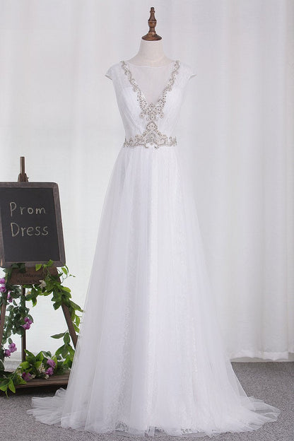 2024 Wedding Dresses Tulle Scoop A Line With Applique And Beads Sweep Train