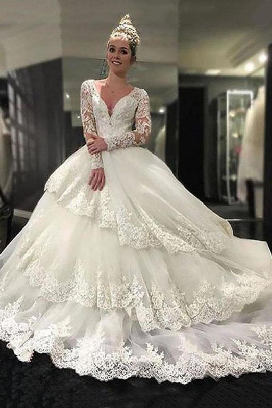 Luxurious Lace Long Sleeves V-Neck Layers Ball Gown Wedding Dresses