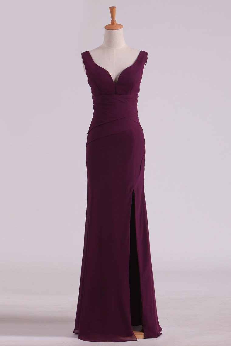 Straps Chiffon With Slit Sheath Floor Length Bridesmaid Dresses