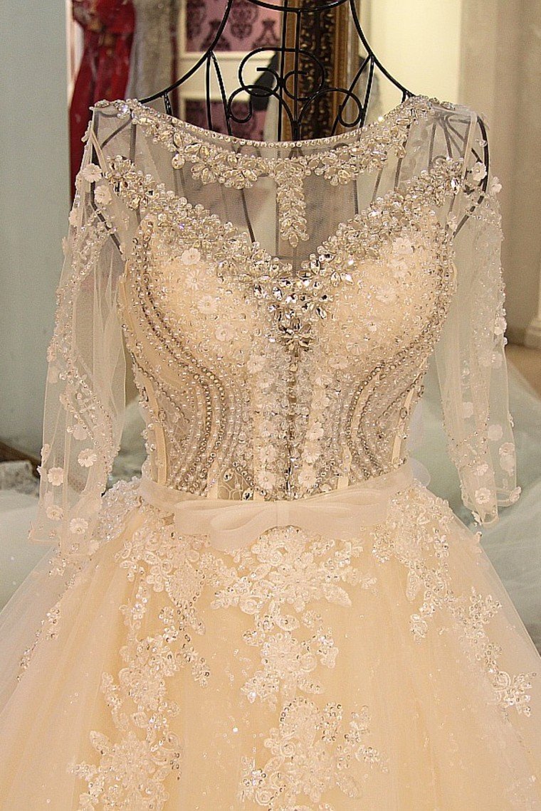 Long Sleeves Scoop Neck Wedding Dresses A Line With Beading Court Train Tulle Lace Up