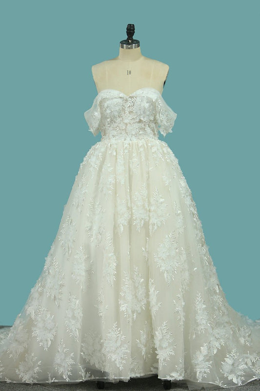 A Line Lace Off The Shoulder Wedding Dresses Chapel Train New Arrival